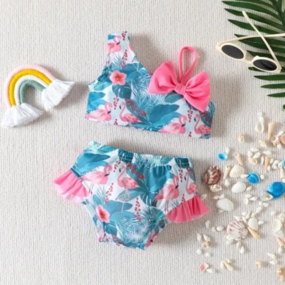 Baby Girls Swimsuit Bikini, Flamingos & Palm Leaves. 2 Sizes available 1-2 & 3-4 - Picture 1 of 5